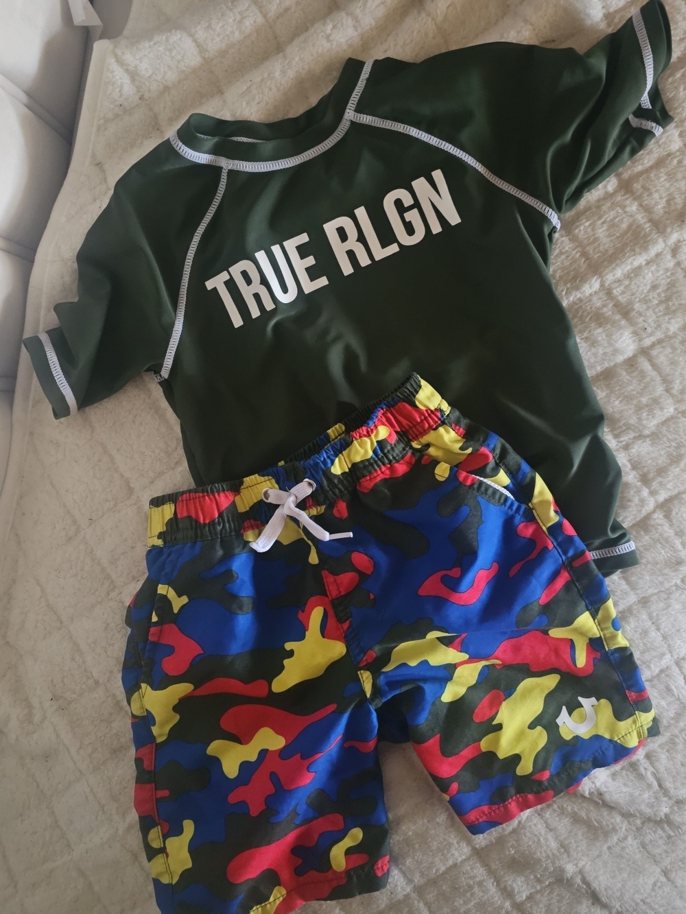 TrueReligion Kids Green Rash Guard with Blue Red Yellow Camo Swim Shorts